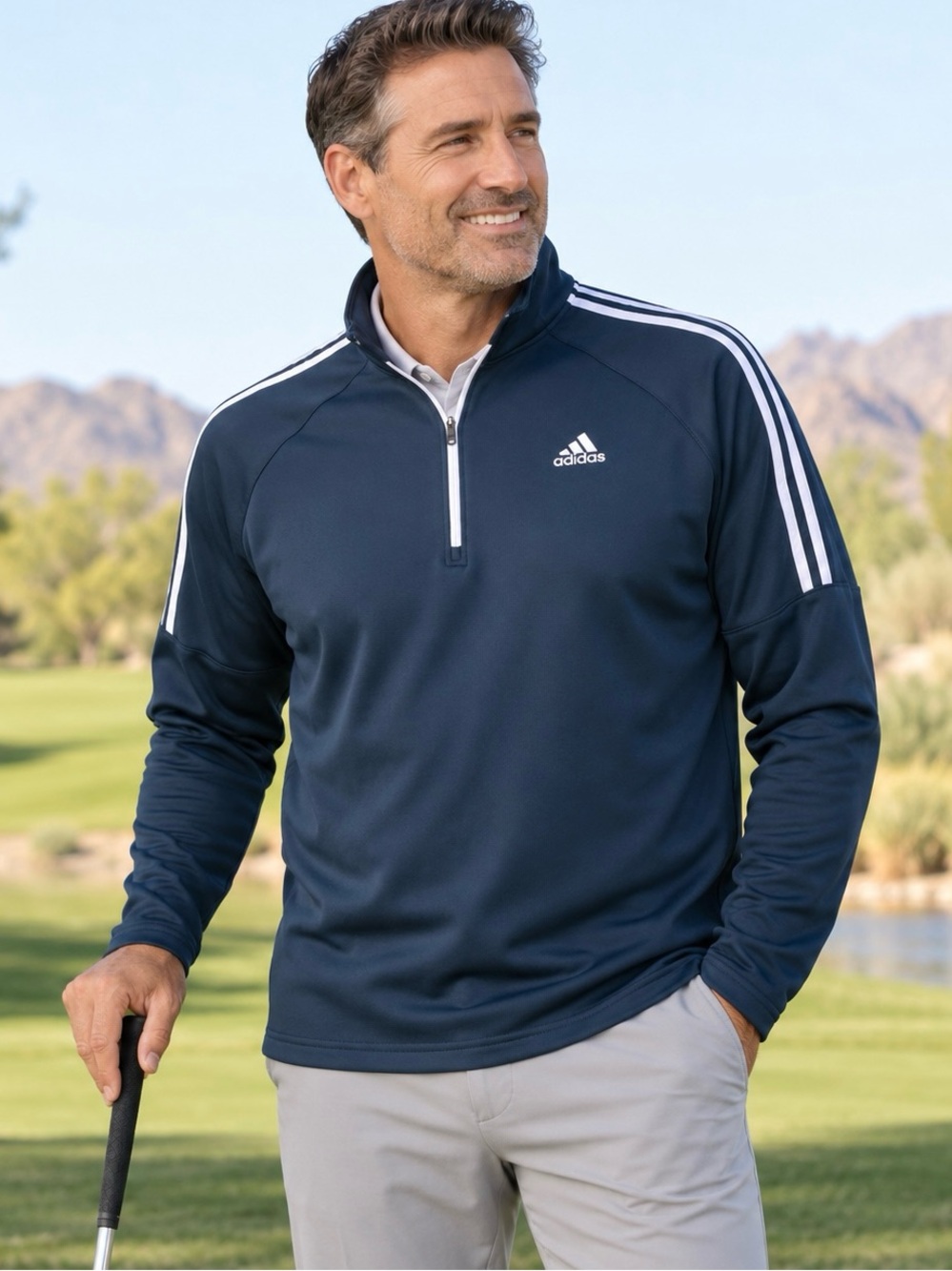 ADIDAS GOLF MENS LARGE NAVY BLUE 1/4 ZIP PULLOVER 3 STRIPE PERFORMANCE